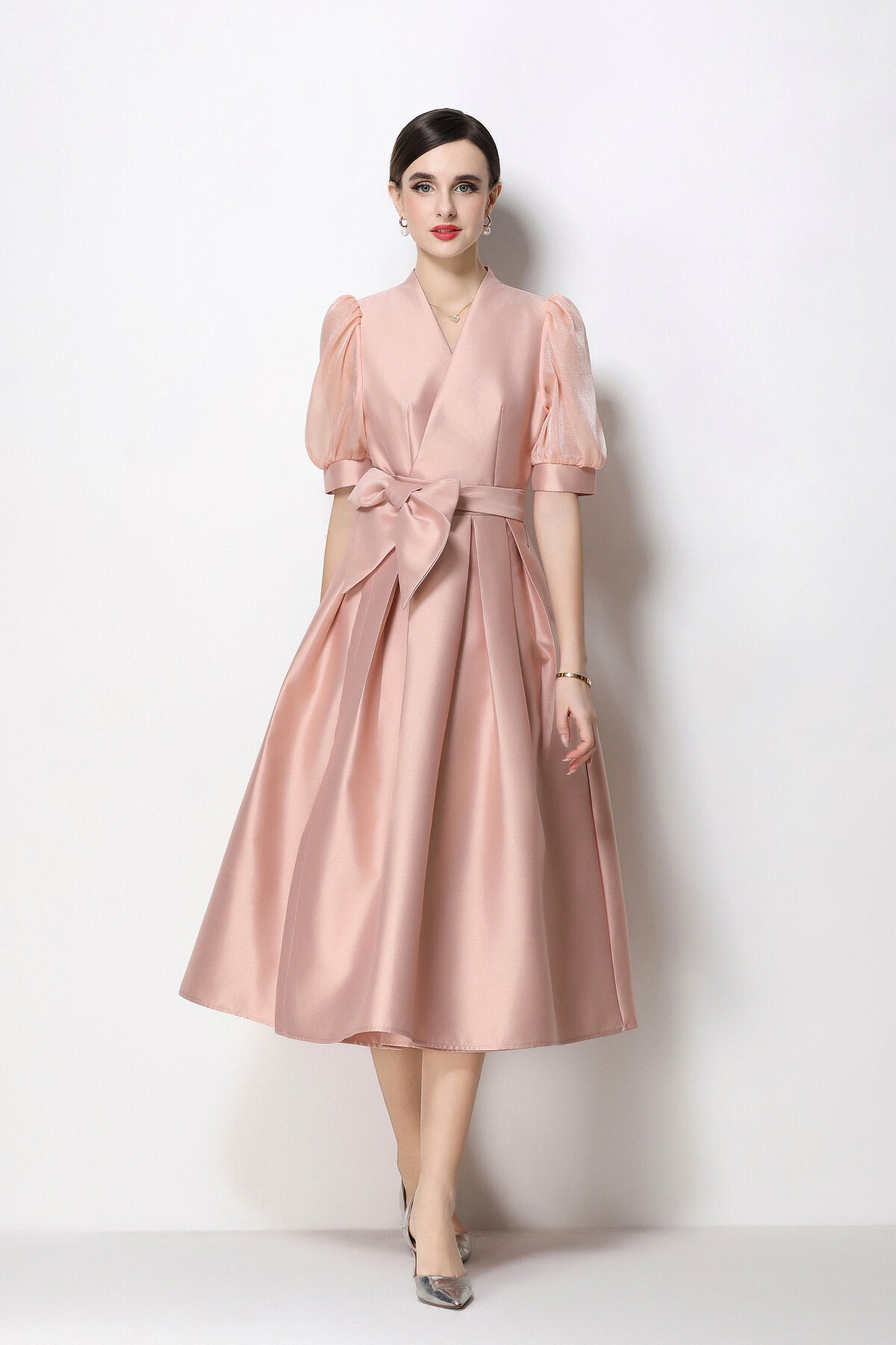 Structured Satin Wrap V-Neck Puff-Sleeve Midi Dress
