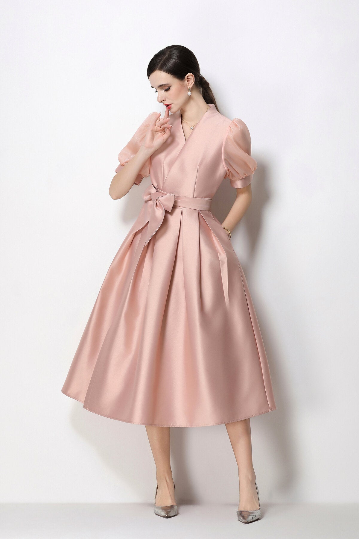 Structured Satin Wrap V-Neck Puff-Sleeve Midi Dress