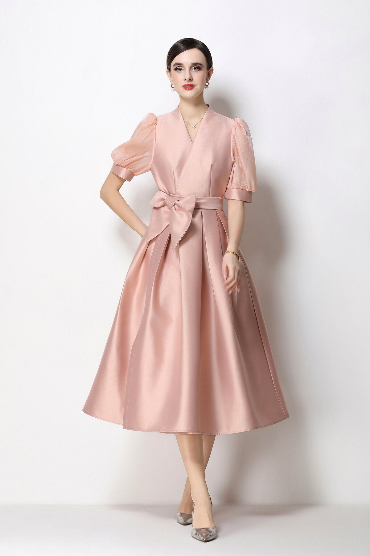 Structured Satin Wrap V-Neck Puff-Sleeve Midi Dress
