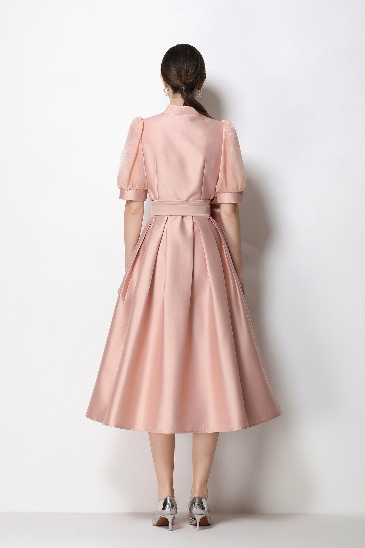 Structured Satin Wrap V-Neck Puff-Sleeve Midi Dress