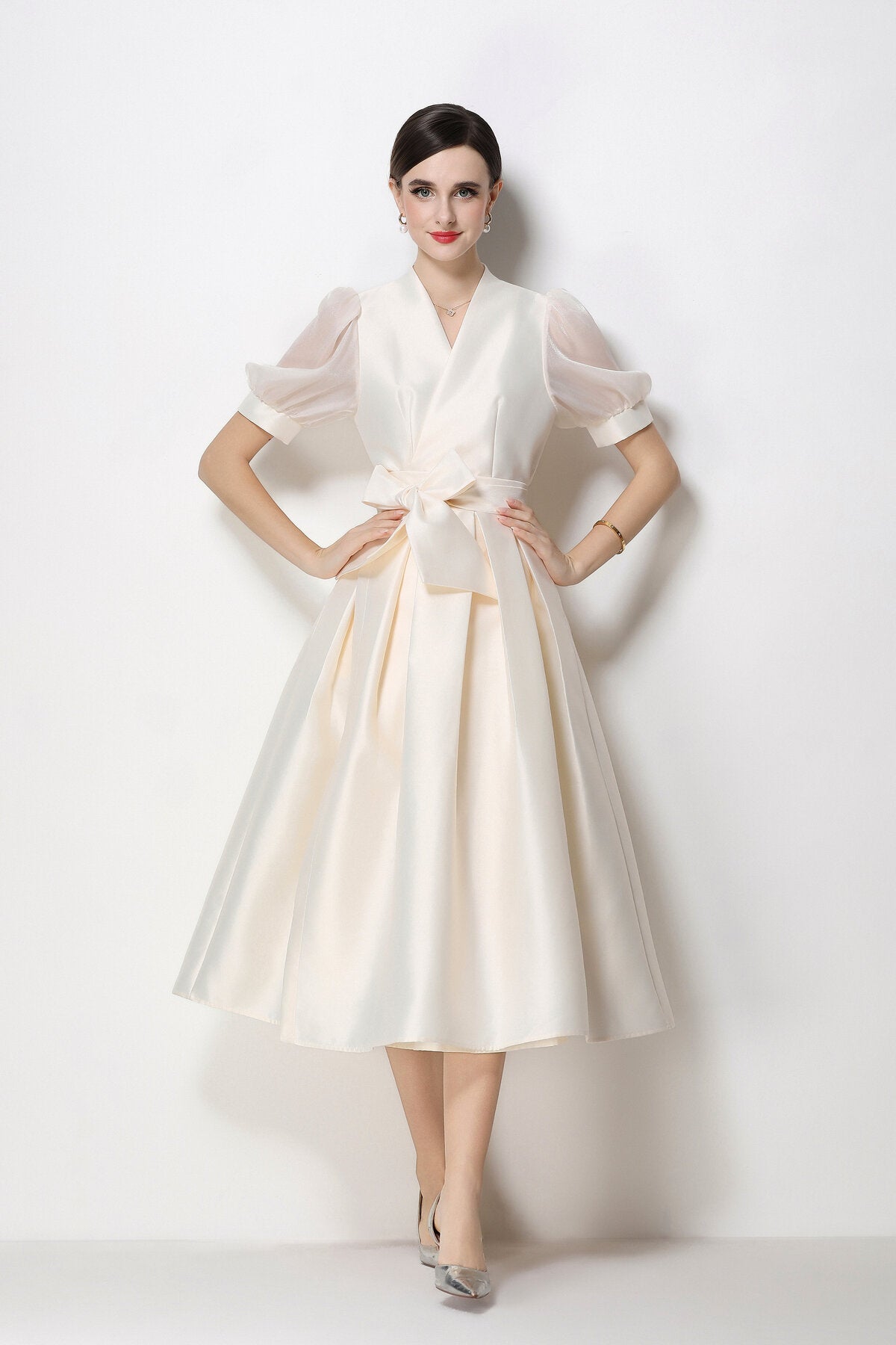 Structured Satin Wrap V-Neck Puff-Sleeve Midi Dress