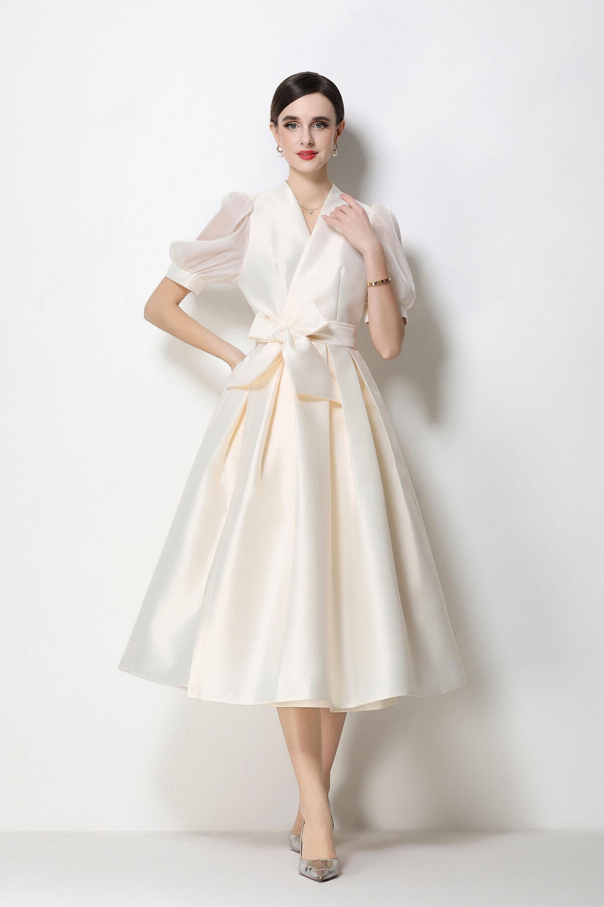 Structured Satin Wrap V-Neck Puff-Sleeve Midi Dress