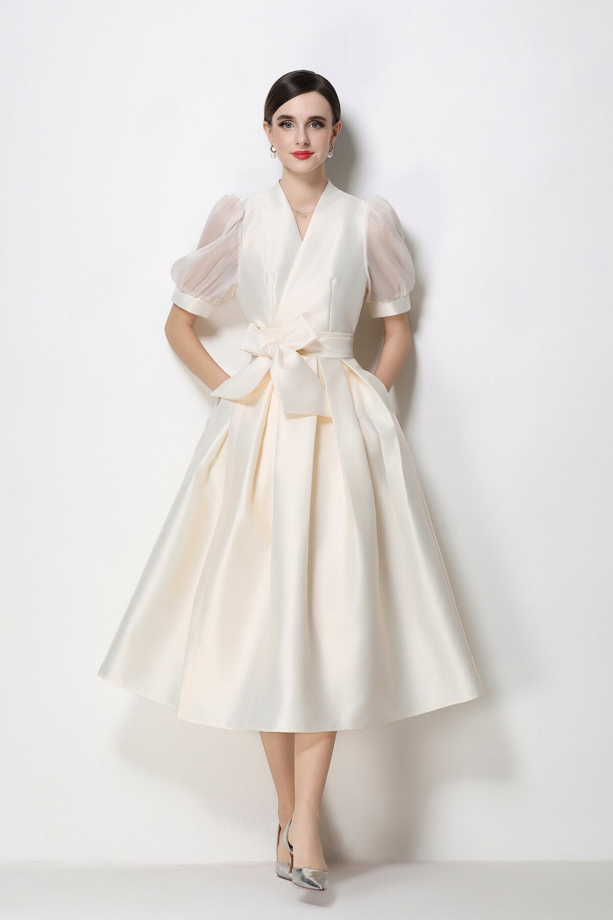 Structured Satin Wrap V-Neck Puff-Sleeve Midi Dress