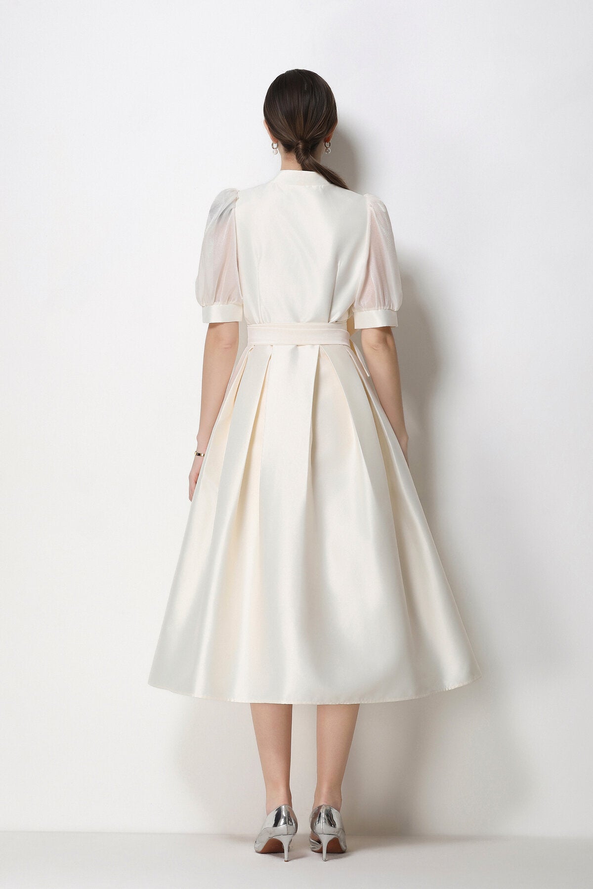 Structured Satin Wrap V-Neck Puff-Sleeve Midi Dress