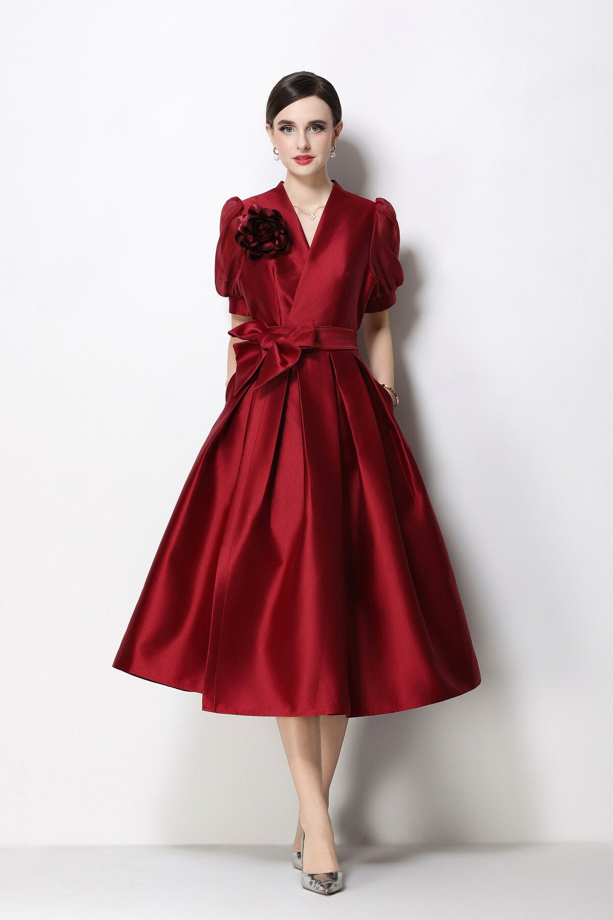Structured Satin Wrap V-Neck Puff-Sleeve Midi Dress