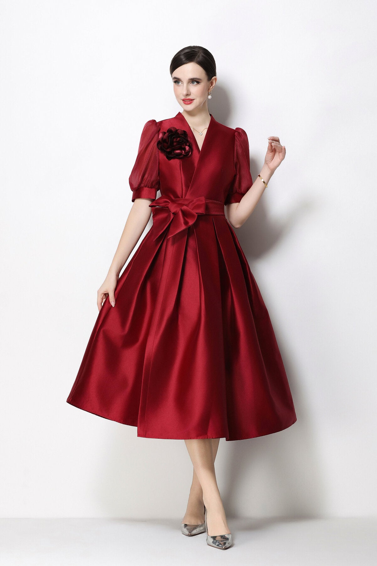 Structured Satin Wrap V-Neck Puff-Sleeve Midi Dress