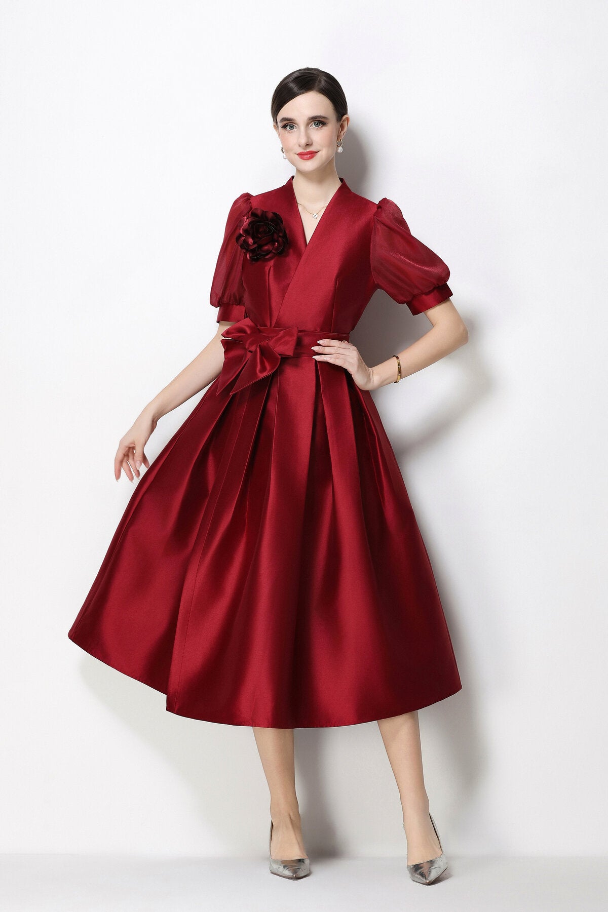 Structured Satin Wrap V-Neck Puff-Sleeve Midi Dress