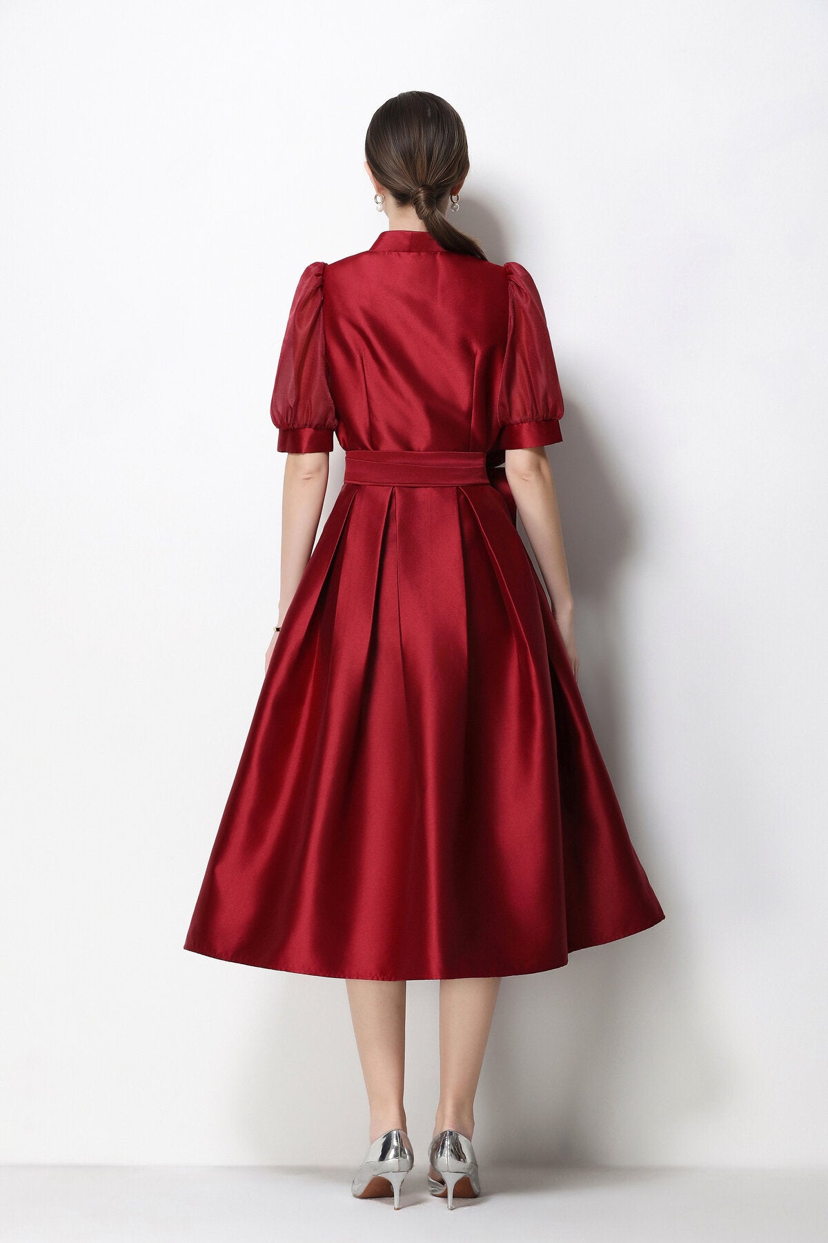 Structured Satin Wrap V-Neck Puff-Sleeve Midi Dress