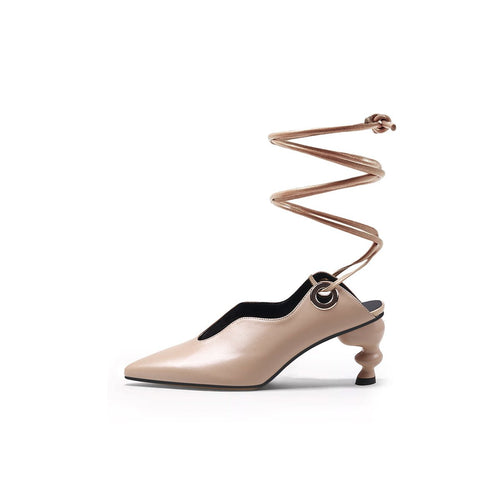 scallop trim leather tie up heels all apricot 1