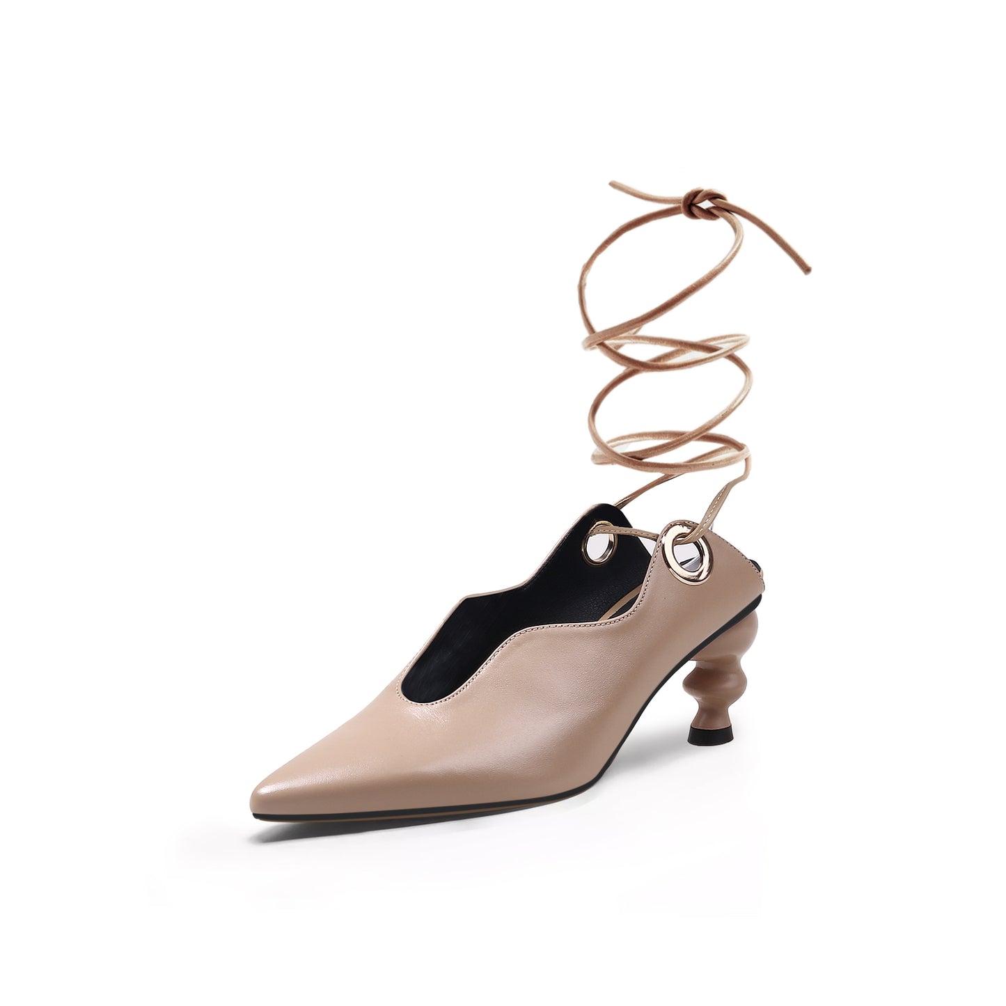 scallop trim leather tie up heels all apricot 2
