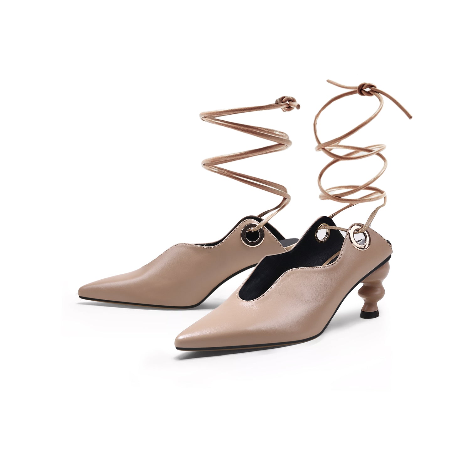 scallop trim leather tie up heels all apricot 6
