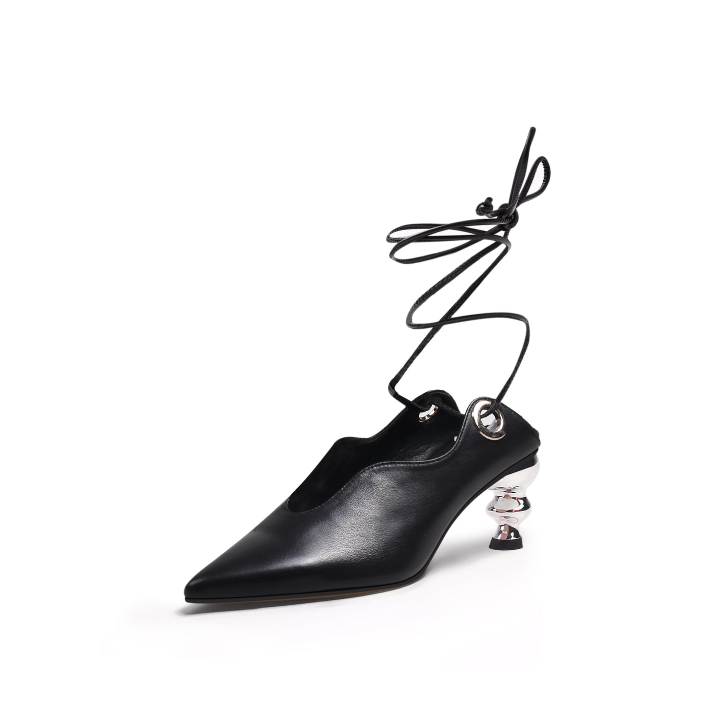 scallop trim leather tie up heels all black 2