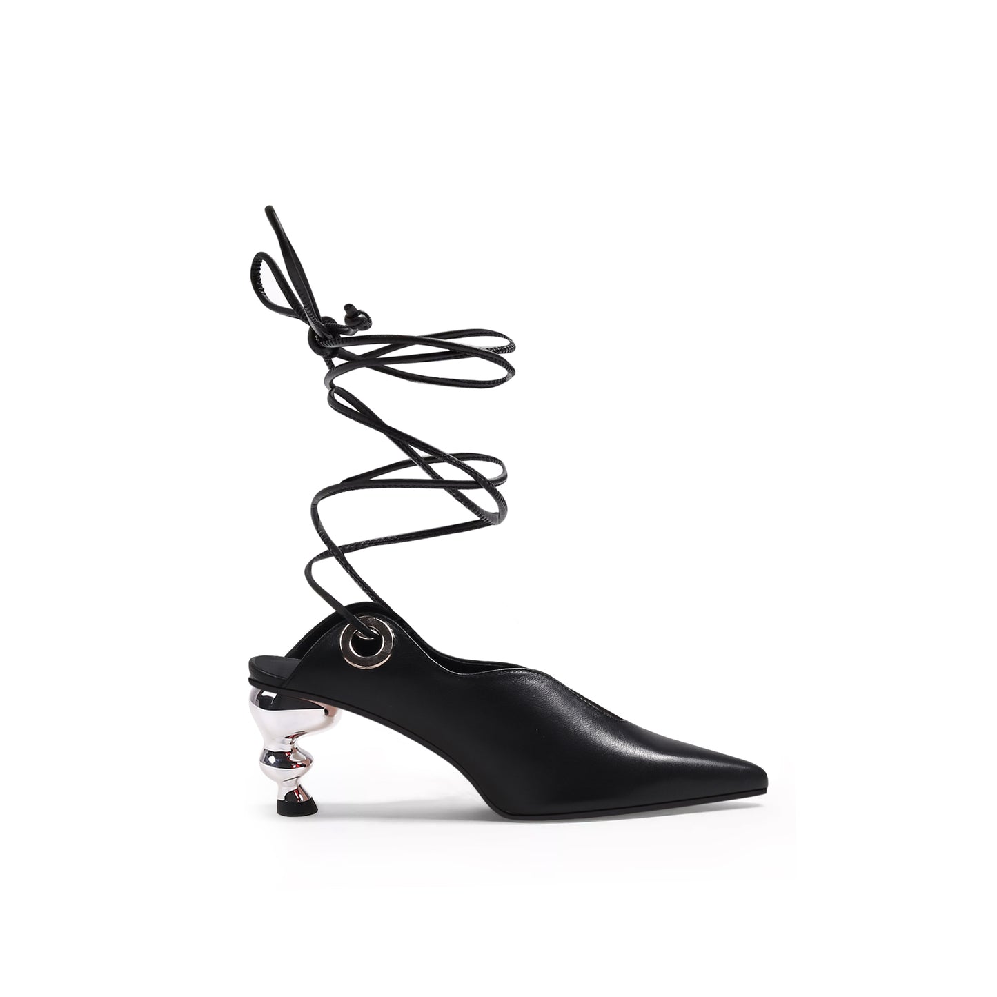 scallop trim leather tie up heels all black 3