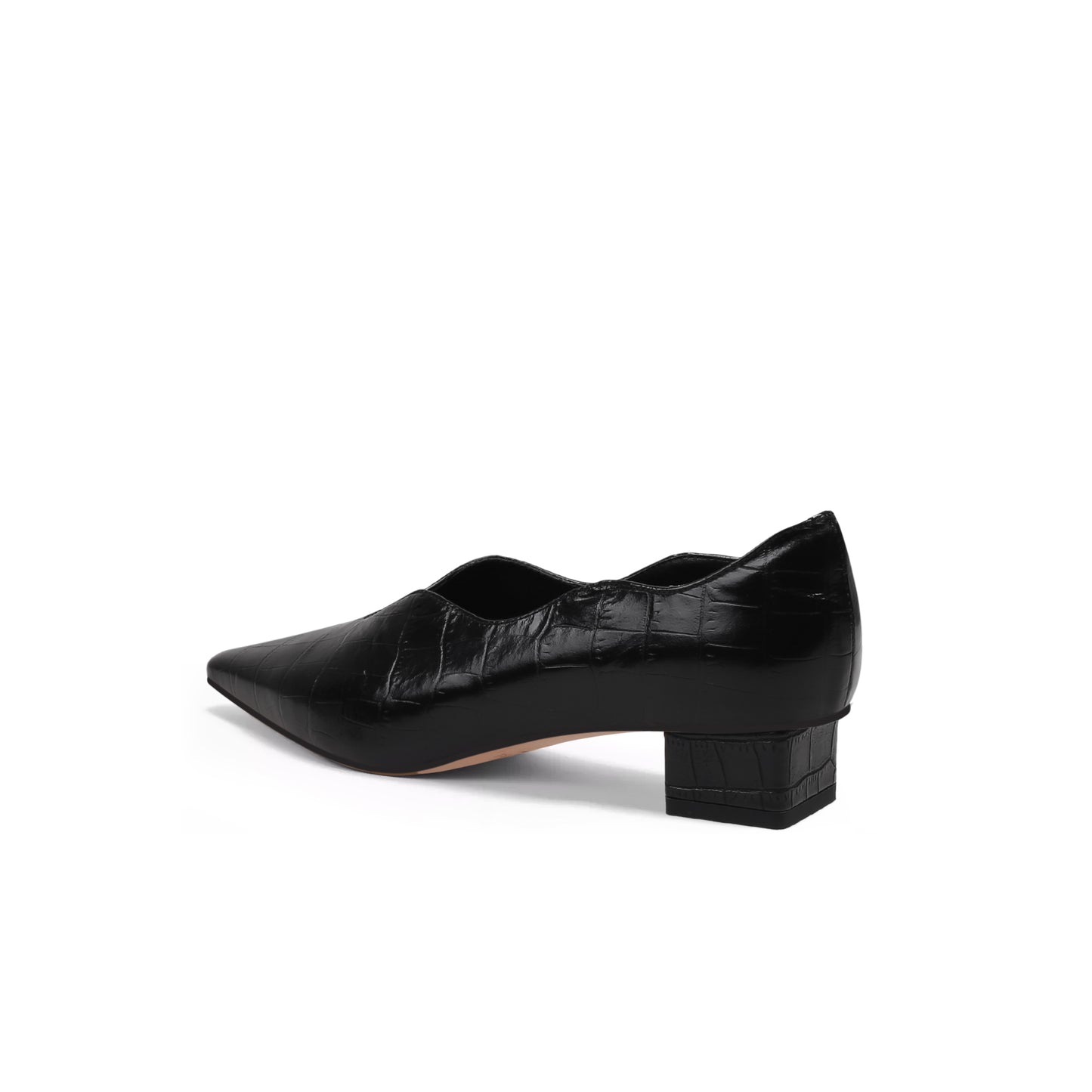 scalloped block heel pumps all black 4