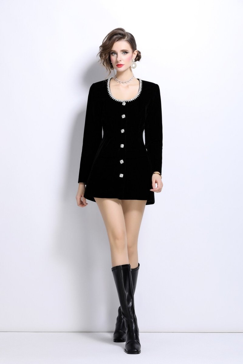 scoop neck button down long sleeve coat dress all black 1