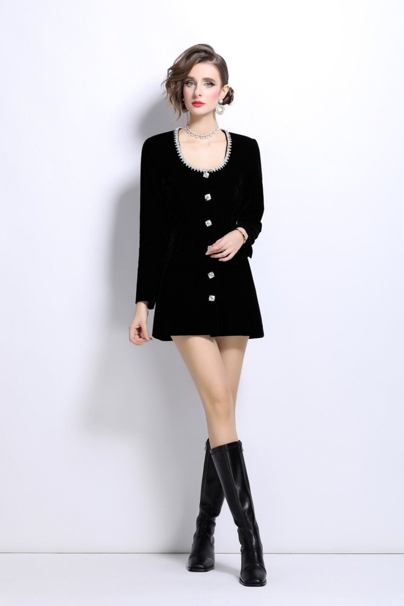 scoop neck button down long sleeve coat dress all black 2