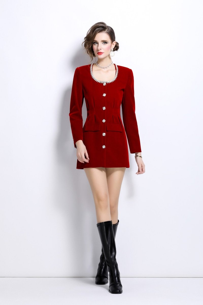 scoop neck button down long sleeve coat dress all red 1