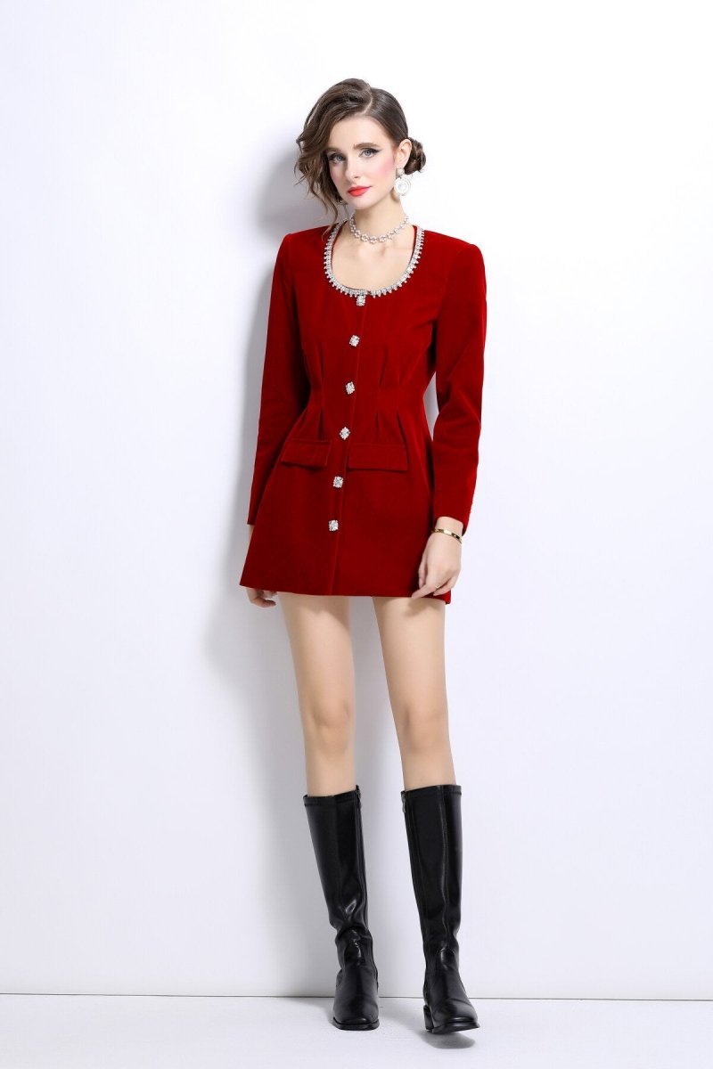 scoop neck button down long sleeve coat dress all red 2