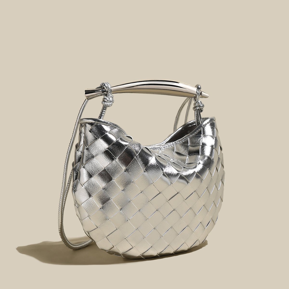 Sculpted Riviera Woven Leather Hobo Bag – Metal Arc Handle Shoulder Bag with Hand-Knotted Details & Convertible Strap