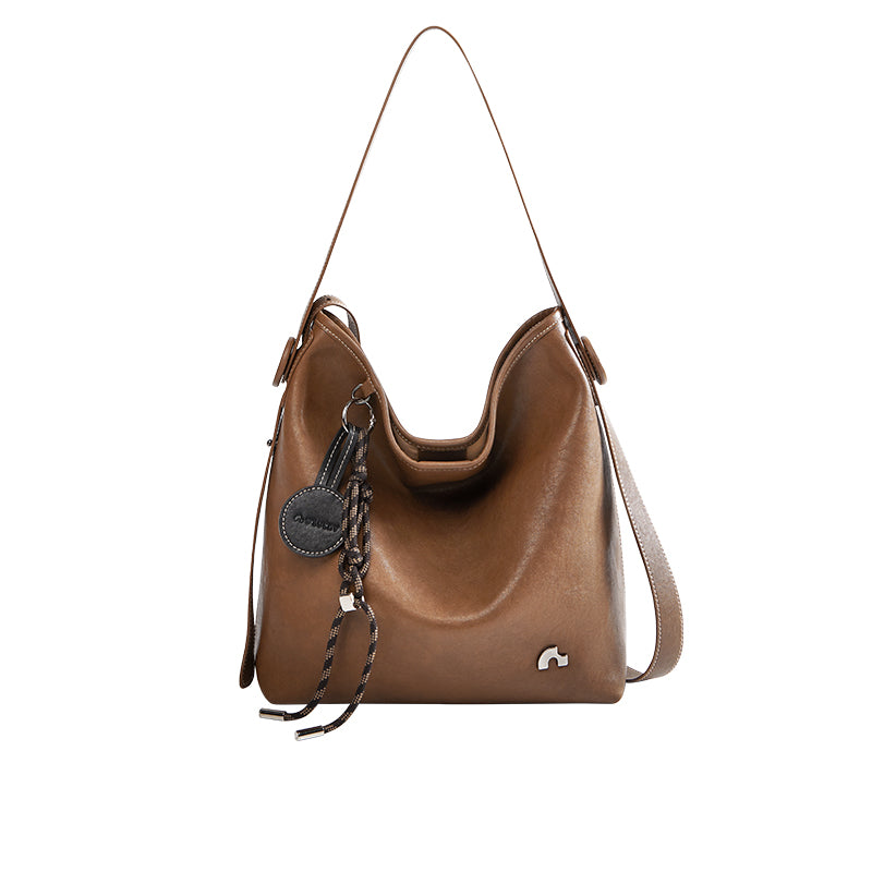 Sculpted Scoop Slouchy Leather Hobo Shoulder Bag with Cord Charm