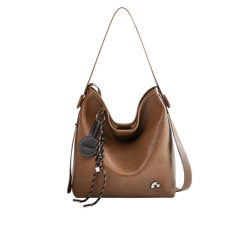 Sculpted Scoop Slouchy Leather Hobo Shoulder Bag with Cord Charm