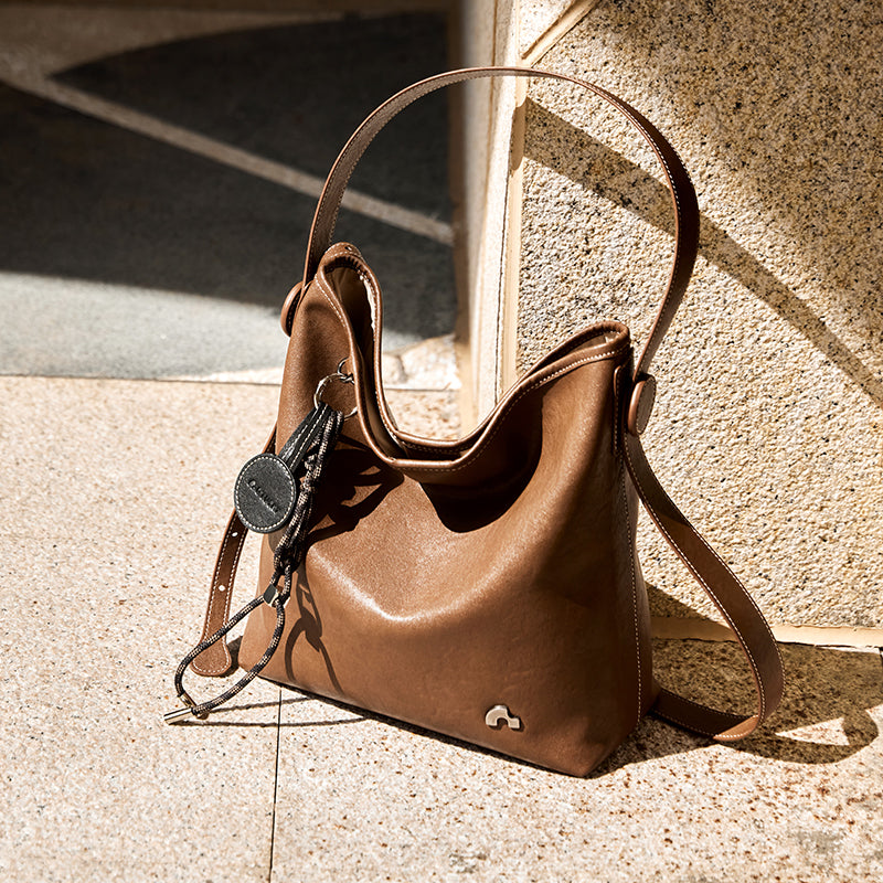 Sculpted Scoop Slouchy Leather Hobo Shoulder Bag with Cord Charm