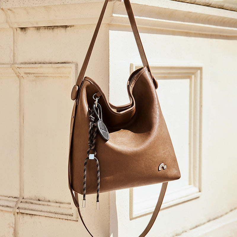 Sculpted Scoop Slouchy Leather Hobo Shoulder Bag with Cord Charm