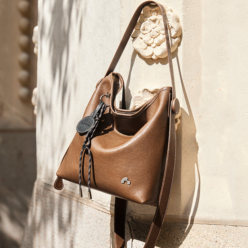 Sculpted Scoop Slouchy Leather Hobo Shoulder Bag with Cord Charm
