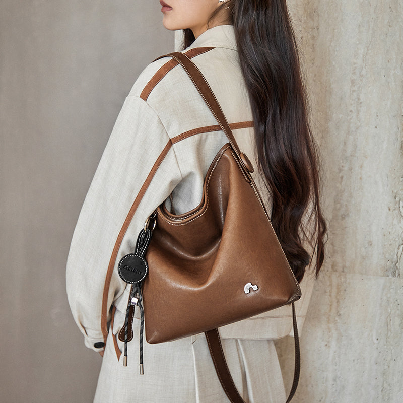 Sculpted Scoop Slouchy Leather Hobo Shoulder Bag with Cord Charm