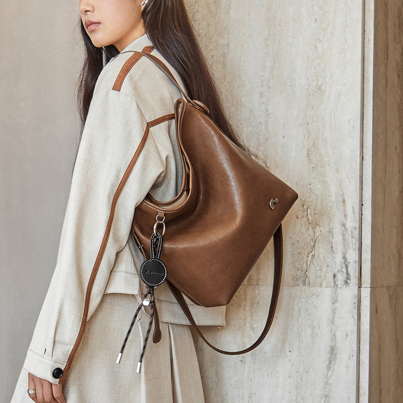 Sculpted Scoop Slouchy Leather Hobo Shoulder Bag with Cord Charm