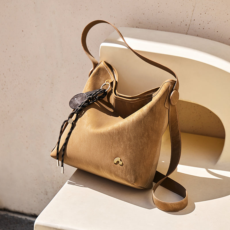 Sculpted Scoop Slouchy Leather Hobo Shoulder Bag with Cord Charm