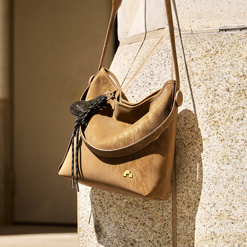 Sculpted Scoop Slouchy Leather Hobo Shoulder Bag with Cord Charm