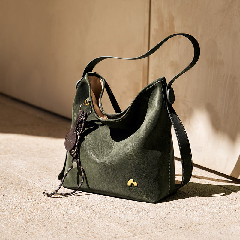 Sculpted Scoop Slouchy Leather Hobo Shoulder Bag with Cord Charm
