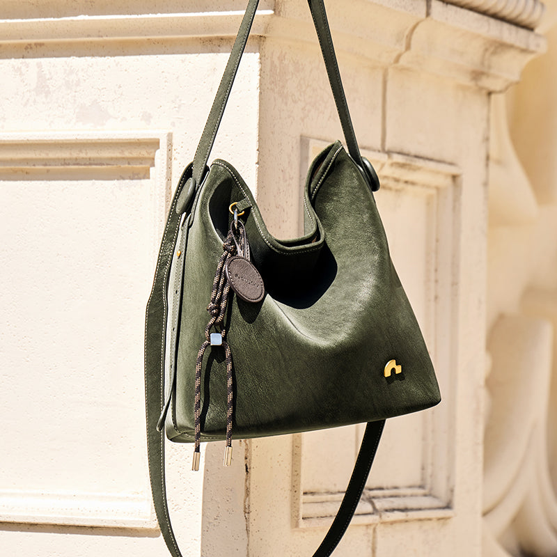 Sculpted Scoop Slouchy Leather Hobo Shoulder Bag with Cord Charm