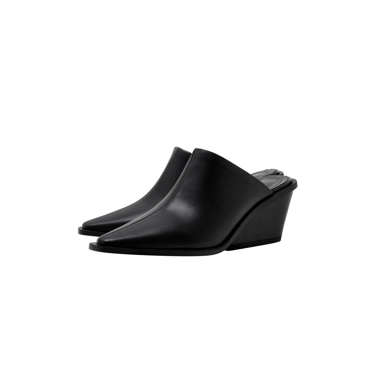 Sculpted Wedge Heel Pointed Toe Leather Mules