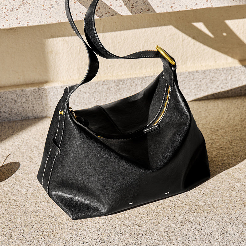 Sculptural Slouchy Calf Leather Hobo Shoulder Bag