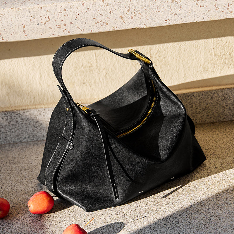 Sculptural Slouchy Calf Leather Hobo Shoulder Bag