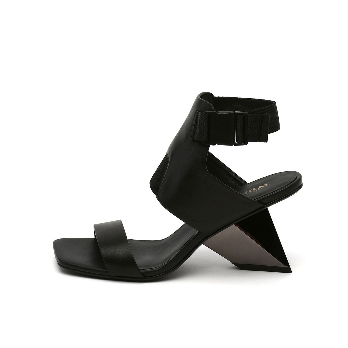 Sculptural Square Toe Ankle Strap Sandals with Geometric Heel