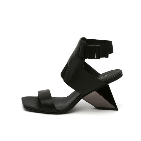 Sculptural Square Toe Ankle Strap Sandals with Geometric Heel