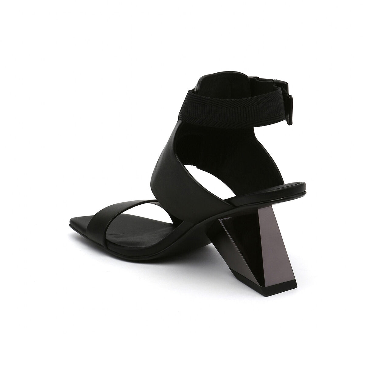 Sculptural Square Toe Ankle Strap Sandals with Geometric Heel