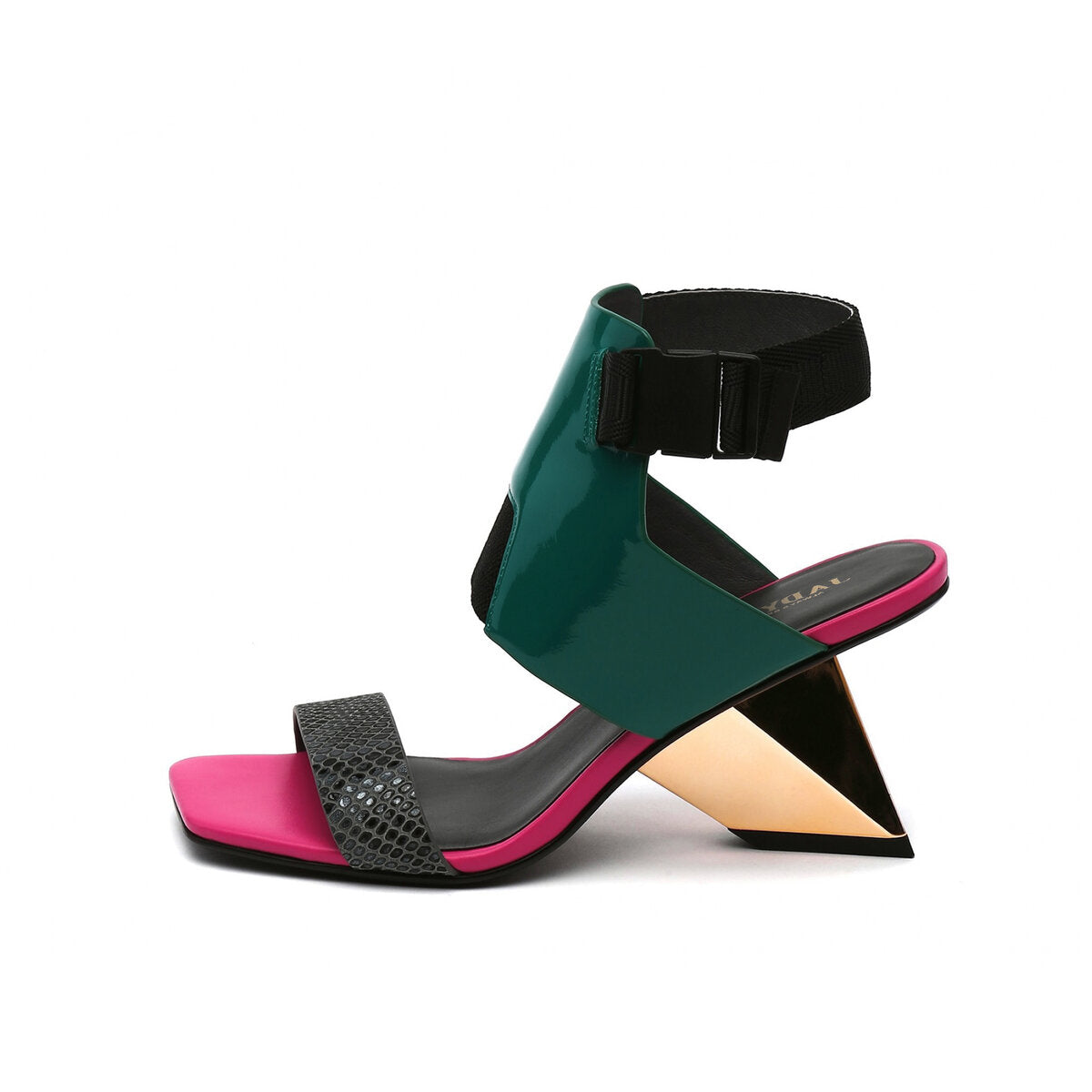 Sculptural Square Toe Ankle Strap Sandals with Geometric Heel