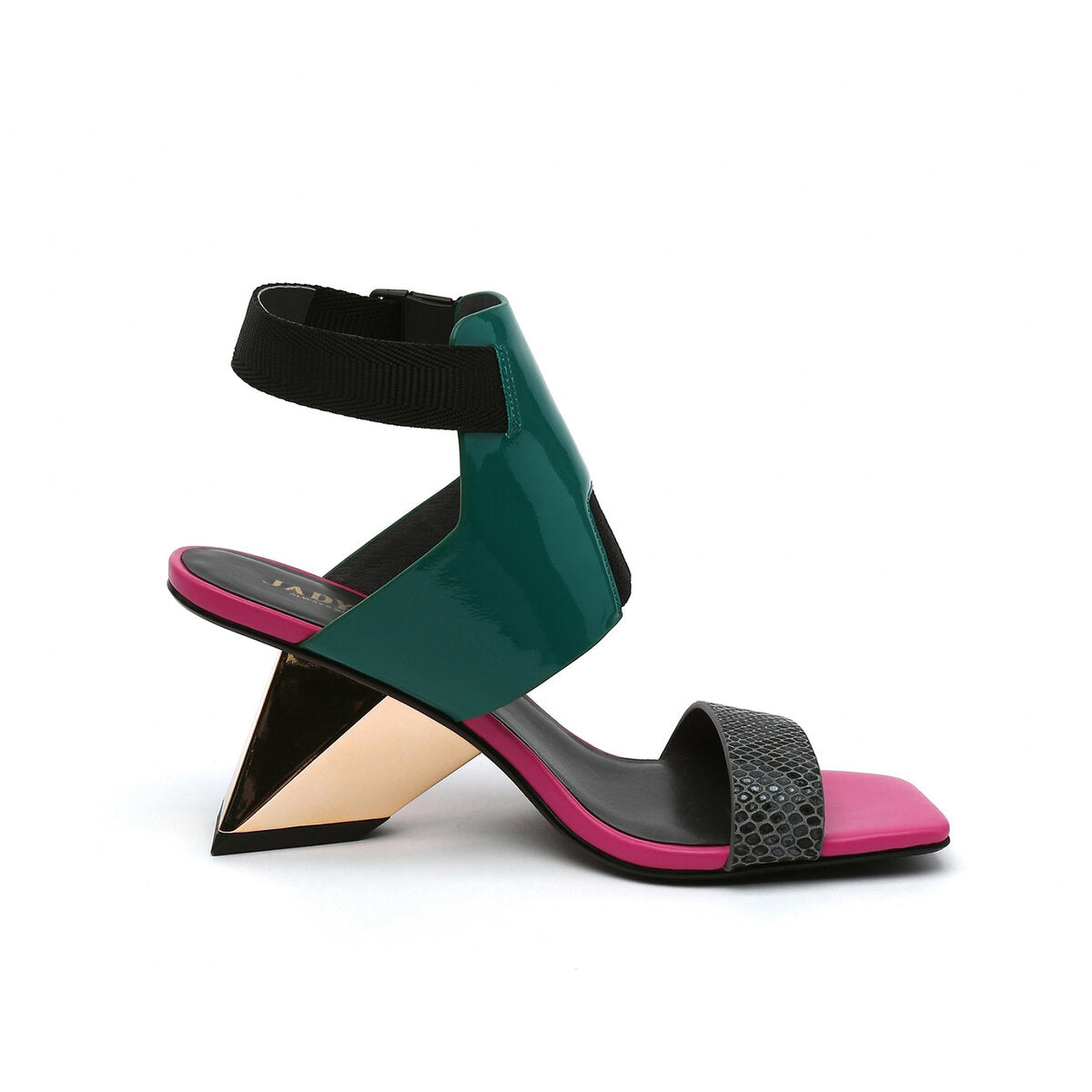 Sculptural Square Toe Ankle Strap Sandals with Geometric Heel
