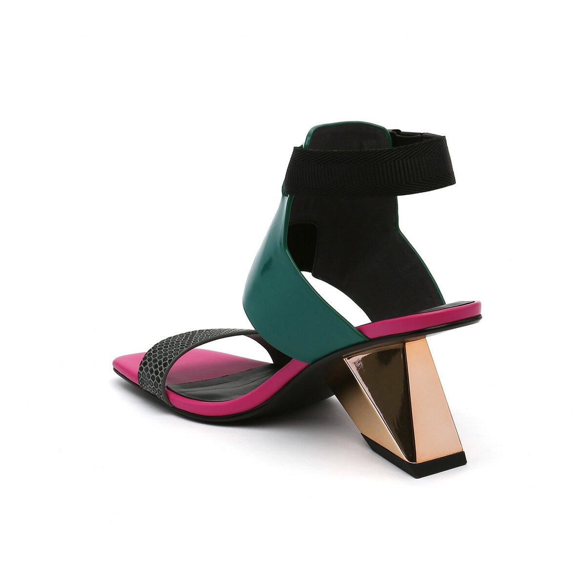 Sculptural Square Toe Ankle Strap Sandals with Geometric Heel