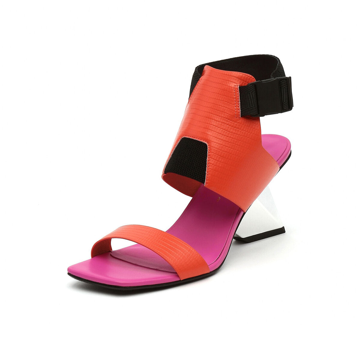 Sculptural Square Toe Ankle Strap Sandals with Geometric Heel