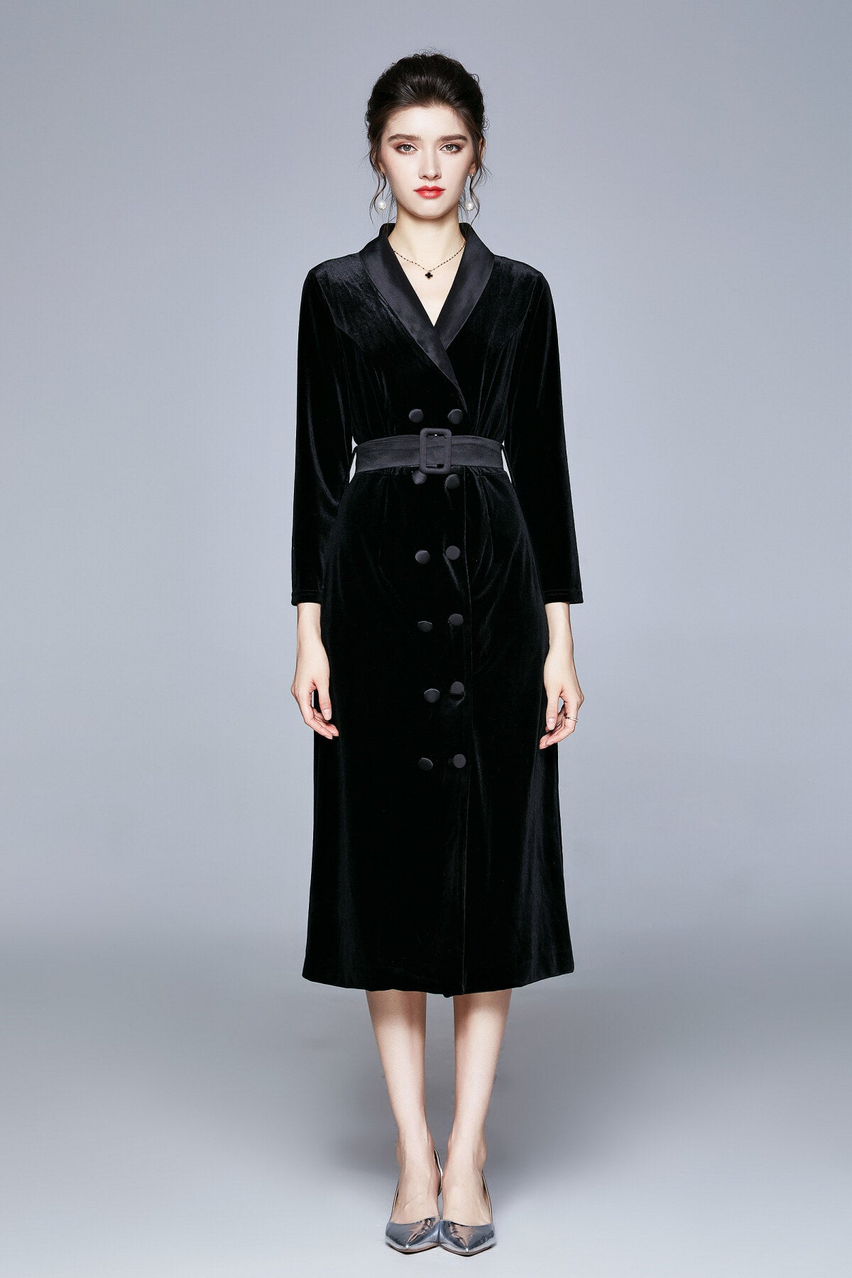 seductive french velvet coat dress all black 1