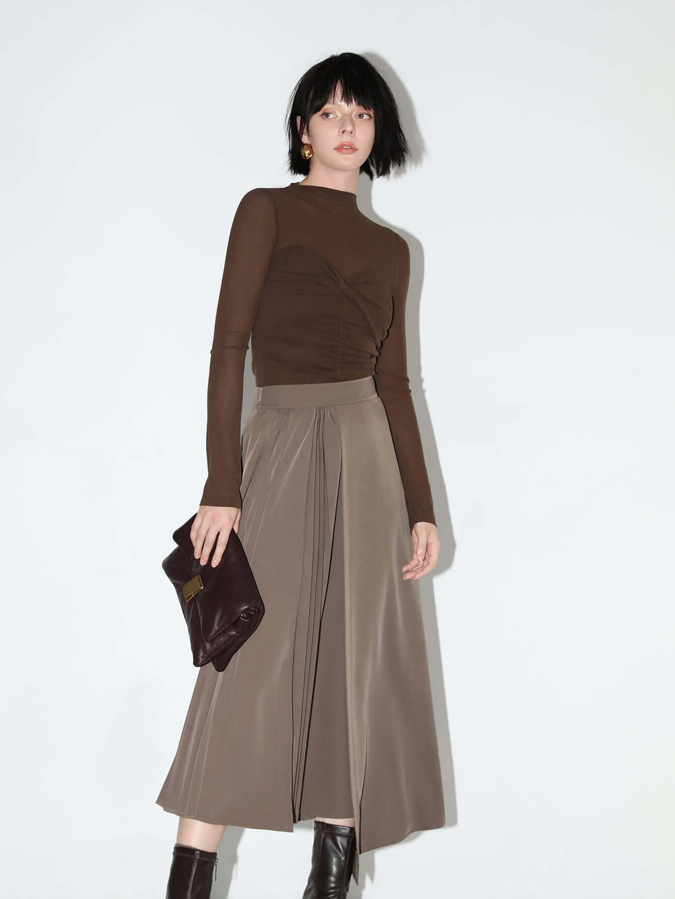 semi sheer ruched long sleeve tee with a sweetheart neckline all coffee 2