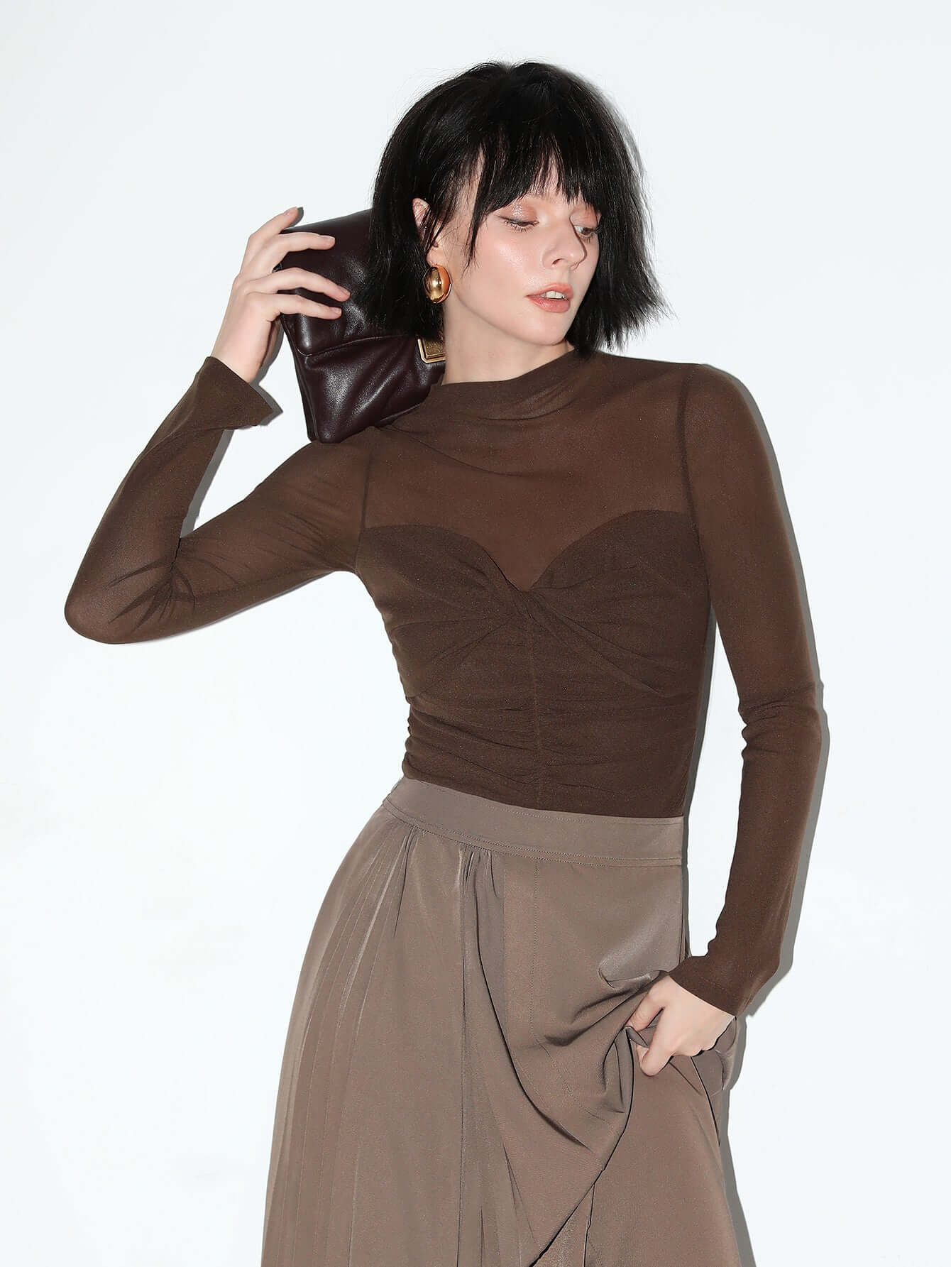 semi sheer ruched long sleeve tee with a sweetheart neckline all coffee 3