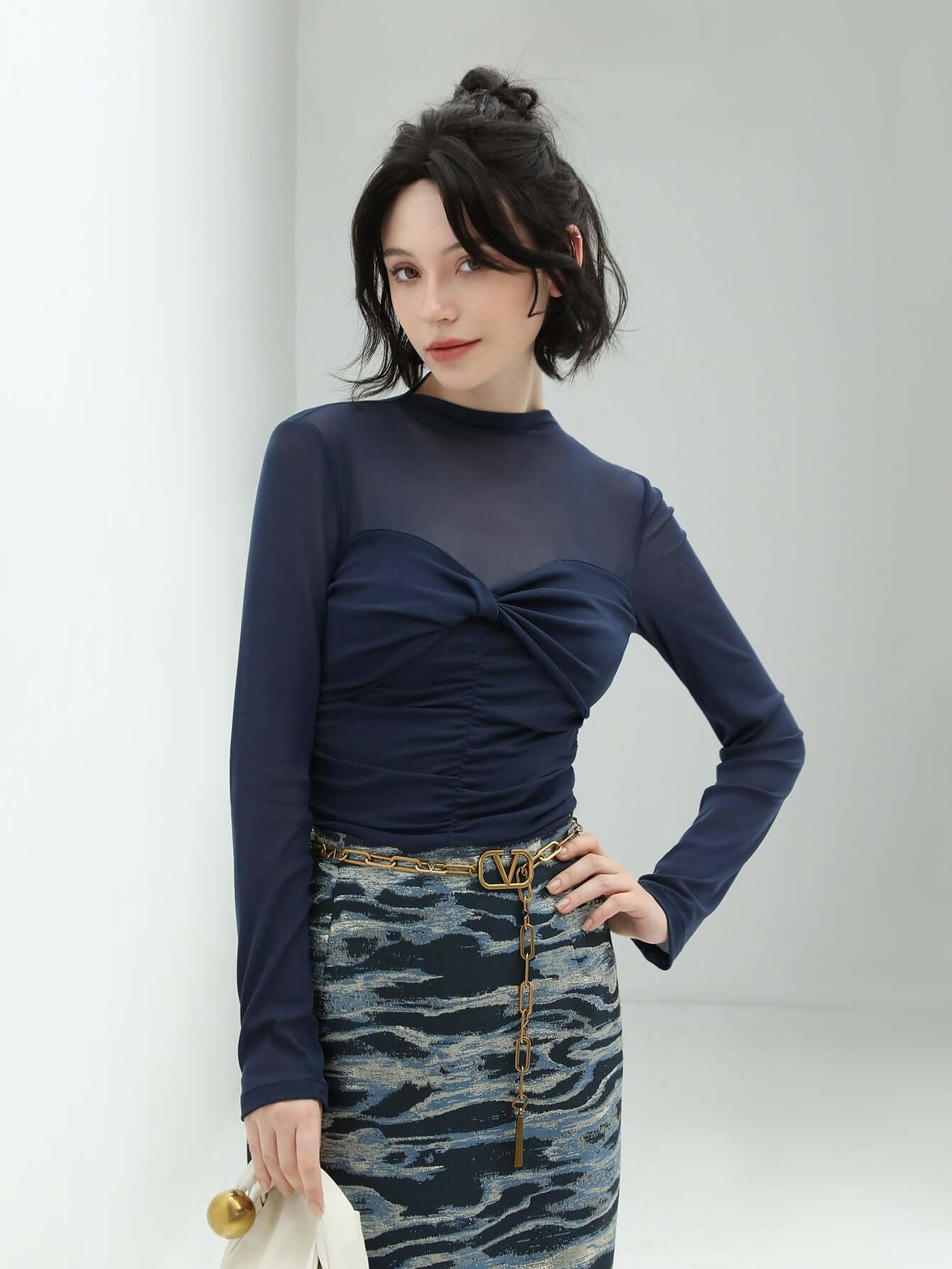 semi sheer ruched long sleeve tee with a sweetheart neckline all navy 2