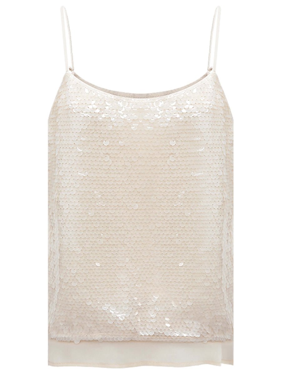 Sequined Embroidered Khaki Ivory Chiffon Tank Top - 0cm