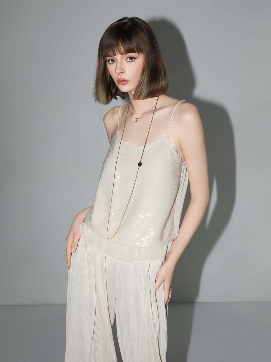 Sequined Embroidered Khaki Ivory Chiffon Tank Top - 0cm